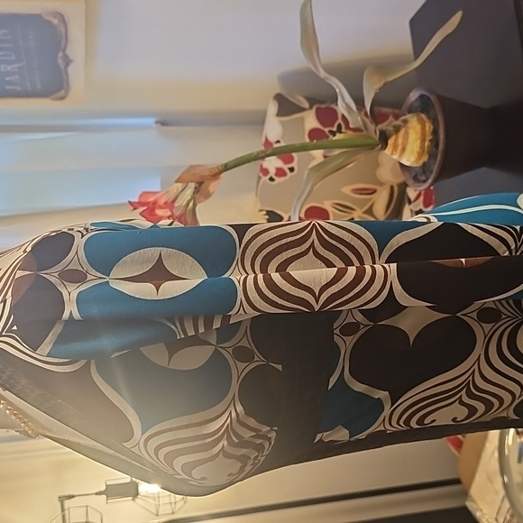 Enfocus Studio, V-Neck, Brown/Blue Print "Wrap" Fitted Dress, Women's Size 6 - Picture 4 of 12